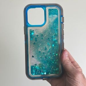 iPhone 13 Promax Cover- Liquid glitter aqua Blue Hearts- durable-